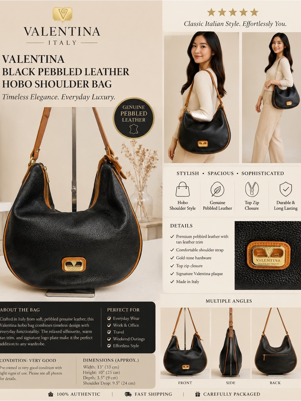 Valentina Black Pebbled Leather Hobo with Tan Trim